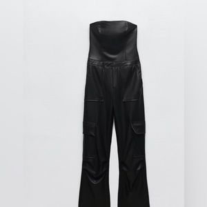 MULTIPOCKET FAUX LEATHER LONG JUMPSUIT